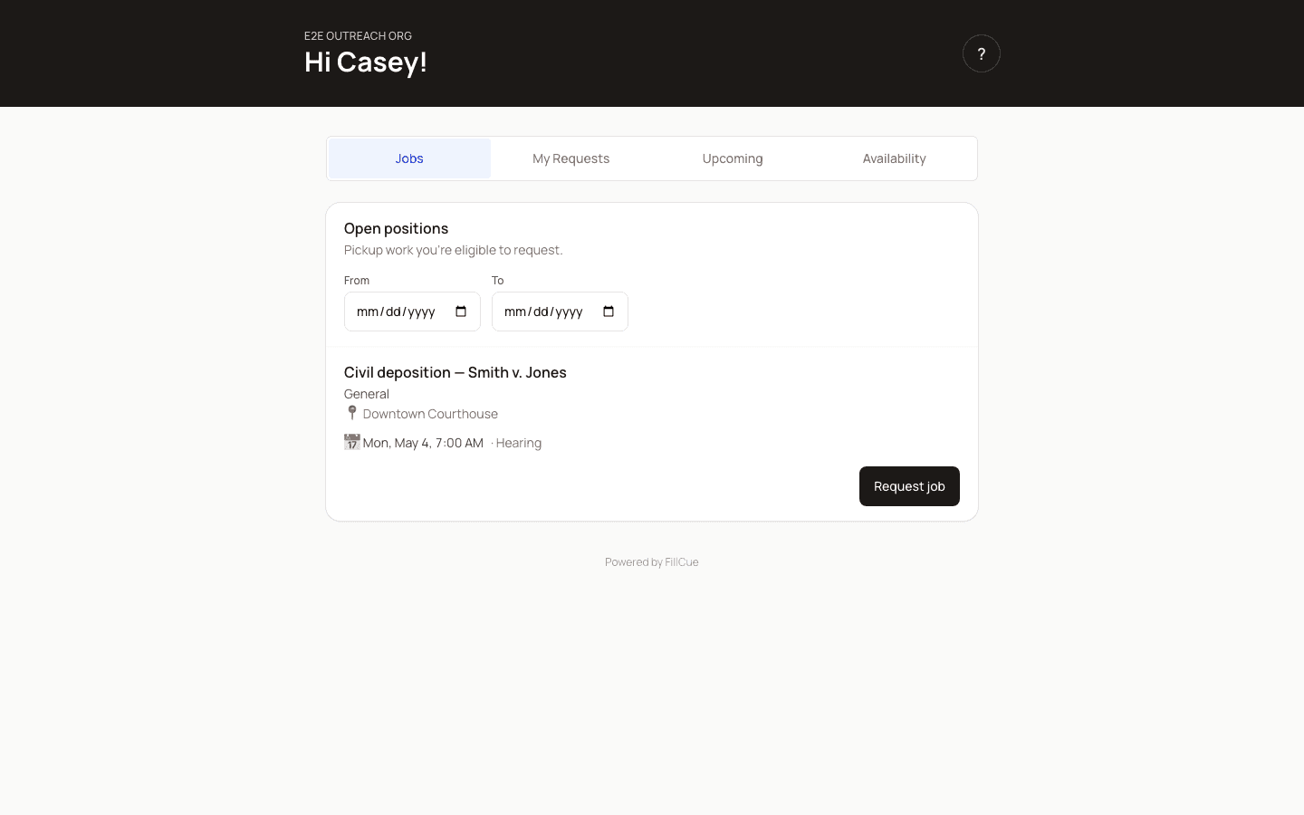 Contacts portal hub showing four tabs: Jobs, My Requests, Upcoming, and Availability
