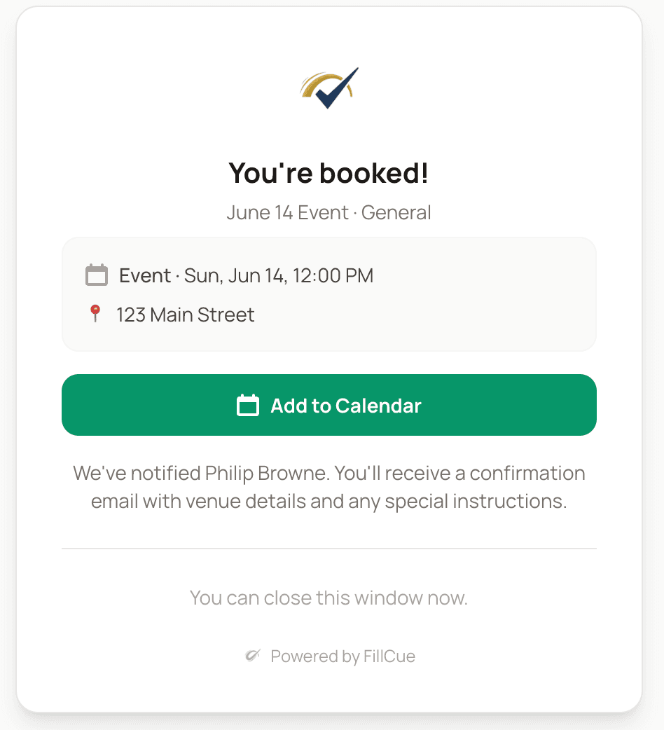 Confirmation screen showing You're booked with event details and Add to Calendar button