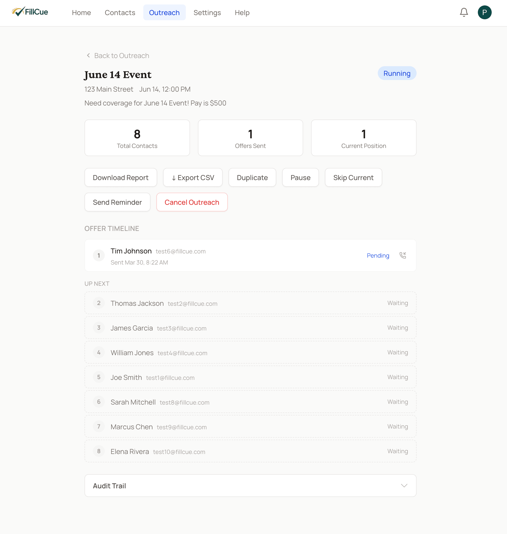 FillCue live outreach showing contacts being reached in priority order with real-time status