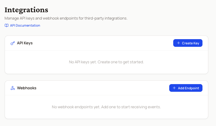 Integrations page showing API Keys and Webhooks management