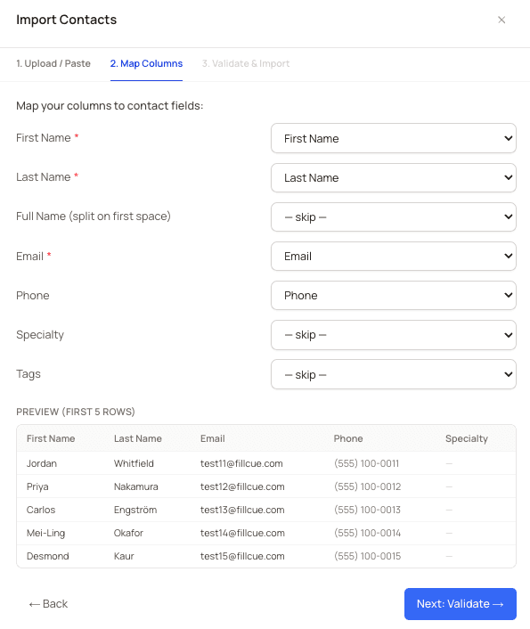 CSV import wizard mapping columns to contact fields with preview table