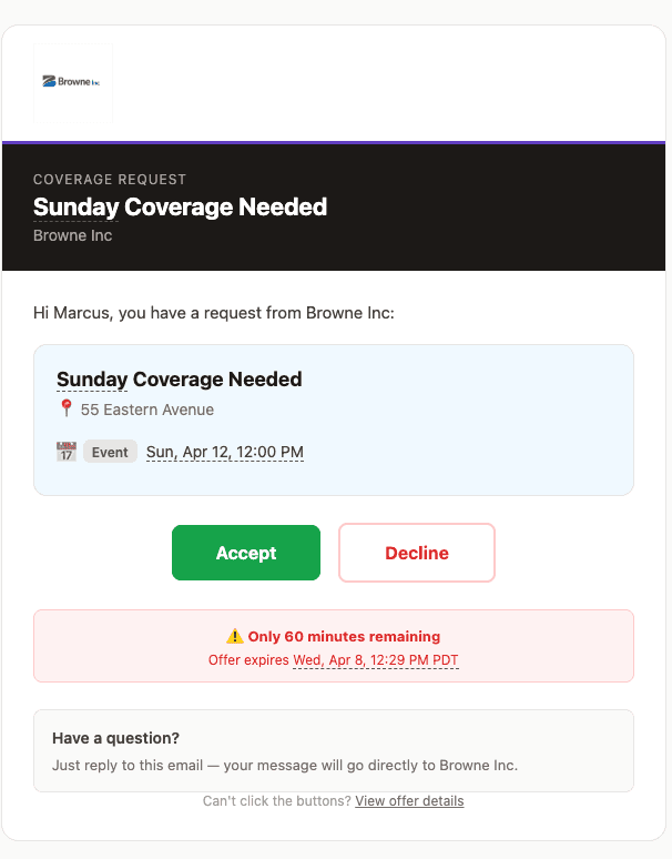 Branded outreach email with Accept and Decline buttons