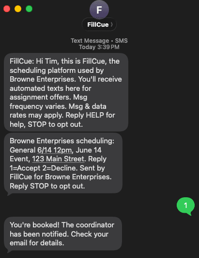 Real SMS conversation showing FillCue outreach offer with reply options
